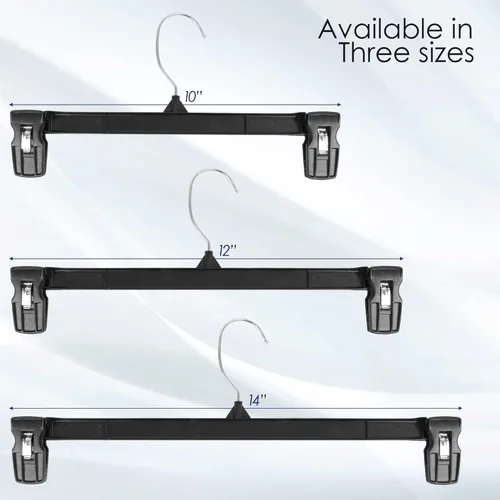 Miniatura 8 de Paquete de 12 perchas para pantalones - Perchas delgadas de plástico resistentes de 12 pulgadas con clips para faldas, pantalones, pantalones cortos