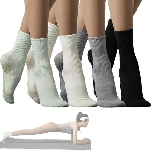 Miniatura 7 de Calcetines de agarre para mujer, calcetines de yoga para pilates, antideslizantes, barre danza, hospital, correr, lindo, de algodón, 3/4 pares