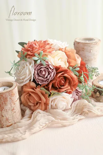 Miniatura 3 de Floroom Flores artificiales de terracota, rosas falsas de color naranja quemado, peonías, dalia, vegetación, caja combinada para bricolaje, ramos