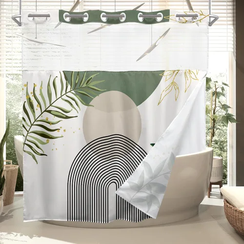 Miniatura 39 de Cortina de Ducha Pequeña para RV 36Wx72H Media Individual Verde Moderna Boho Mediados de Siglo Abstracta Hojas Doradas Planta Gris Decoración