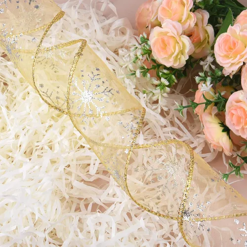 Miniatura 3 de Cinta de Organza con Alambre de Navidad de 2.5 Pulgadas de Ancho con Copos de Nieve y Purpurina Transparente para Árbol de Navidad, Corona, Dorado