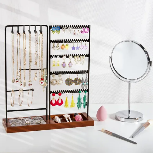 Miniatura 6 de Vtopmart Soporte organizador de joyas para aretes, collares, anillos, pulseras, exhibición y almacenamiento, con 90 agujeros, 12 ganchos, negro +