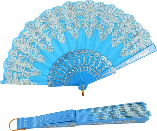 Miniatura 12 de INNOLIFE Abanico de mano plegable español con patrón retro para mujeres, abanico plegable chino de mano para fiestas, baile, bodas y decoración