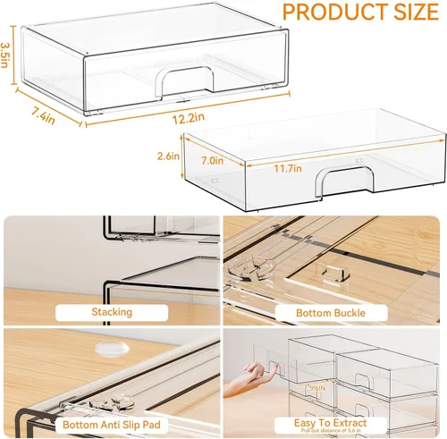 Miniatura 3 de Yieach Cajones de almacenamiento apilables transparentes de 12.1 pulgadas de ancho, paquete de 2 organizadores de cajones acrílicos para accesorios
