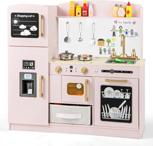 Miniatura 12 de HONEY JOY Cocina de Juguete de Madera con Diseño de Ratán, Juego de Cocina de Juguete para Niños Pequeños, Estufa con Luces y Dispensador de Agua