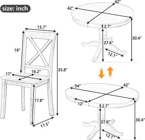 Miniatura 2 de JUSTONE Juego de mesa de comedor redonda de 5 piezas para 4, mesa redonda extensible con 4 sillas modernas con respaldo cruzado, juego de mesa
