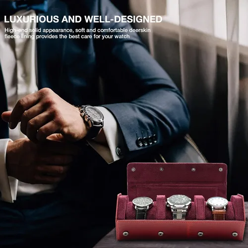 Miniatura 6 de molshine Estuche organizador de viaje de cuero genuino bruñido con 3 ranuras para relojes, caja de almacenamiento de relojes para hombres y mujeres