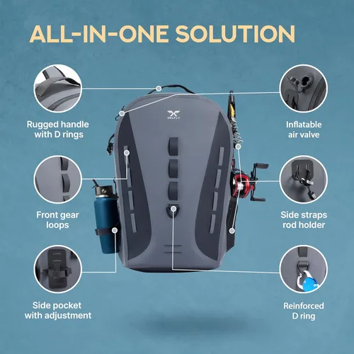 Miniatura 3 de Xelfly Mochila de pesca impermeable G2 con soporte para caña, válvula de aire inflable, correas acolchadas para la cintura y bucles para engranajes