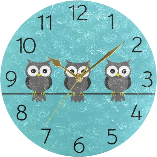 Miniatura 9 de UNISE Reloj de pared redondo con búho azul, silencioso, sin tictac, funciona con pilas, decorativo, acrílico, reloj de pared con colibríes, pájaro