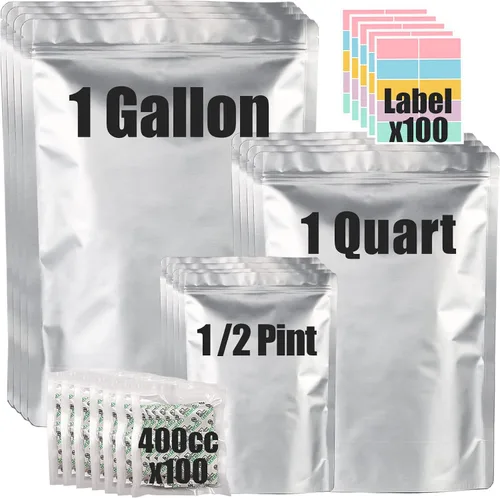100 bolsas de Mylar para almacenamiento de alimentos con 150 absorbentes de oxígeno y etiquetas, 10 mil de grosor, 3 tamaños (1 galón, 1 cuarto de