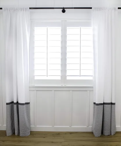 Miniatura 4 de HALL & PERRY Cortina de ventana (2 paneles) estilo moderno de granja con bolsillo para barra, color blanco con rayas negras para sala de estar