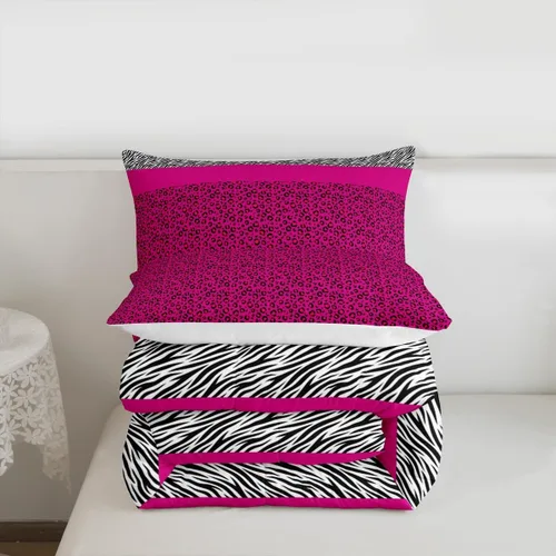 Miniatura 6 de Juego de edredón Manfei Leopardo Rosa Tamaño Individual, Juego de ropa de cama con estampado de cebra negro y blanco 2 piezas para decoración