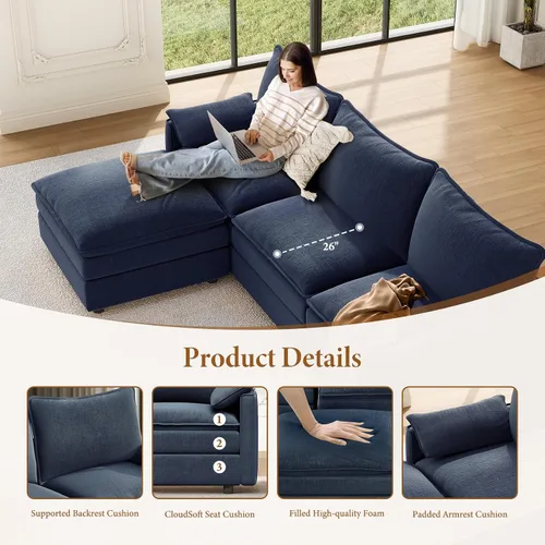 Miniatura 4 de Vesgantti Sofá modular en forma de U de 108 pulgadas, cómodo sofá modular Cloud con 2 otomanas de asiento profundo de chenilla, sofás modulares