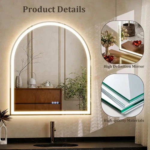 Miniatura 6 de BEAUTYPEAK Espejo de baño con arco LED de 34 x 30 pulgadas con luces, antiniebla, regulable, retroiluminado + iluminado frontal, espejo de tocador