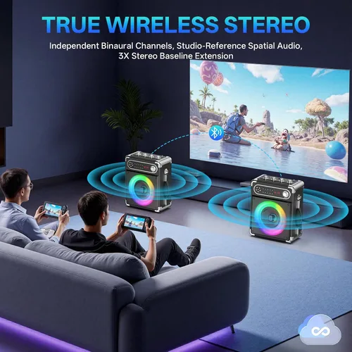 Miniatura 4 de JYX - Máquina de karaoke con dos micrófonos inalámbricos, altavoz Bluetooth portátil con ajuste de graves/agudos, sistema de PA con control remoto