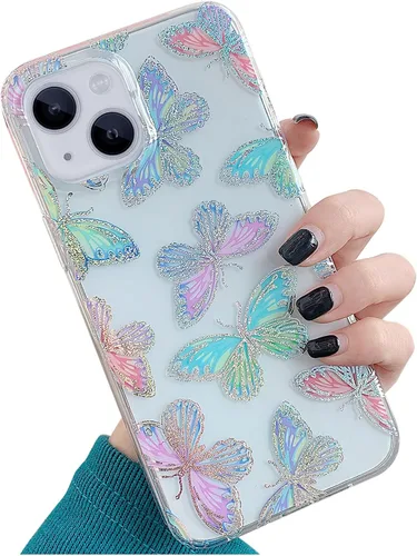 Miniatura 18 de Funda transparente con chispas brillantes para iPhone 15 Pro Max para mujeres y niñas, patrón de mariposas doradas, rosa y azul, funda protectora