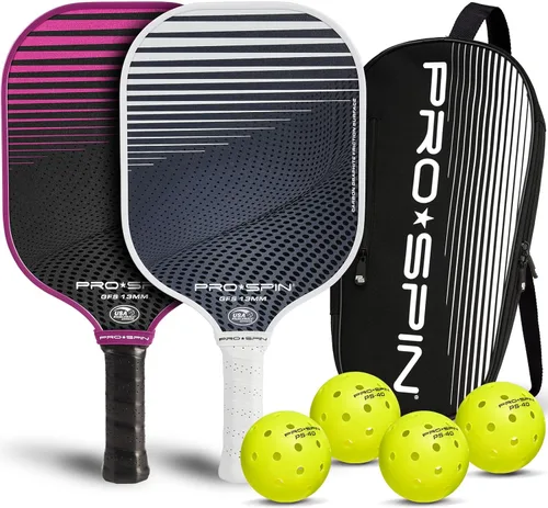 PRO-SPIN Paletas de pickleball de fibra de carbono, juego de 2 con bolas para interiores y exteriores, bolsa o 1 paquete con cubierta, regalo Set
