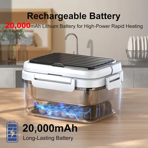 Miniatura 5 de Lonchera eléctrica inalámbrica con calefacción, 1.5L - 6.3 tazas, 20000 mAh, 100 W, recargable, calentador de alimentos inteligente con divisor