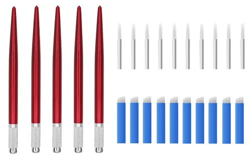 XIAOYU 5 bolígrafos de microblading para tatuajes manuales ligeros para cejas, con 10 agujas redondas y 10 agujas oblicuas para suministros de Rojo