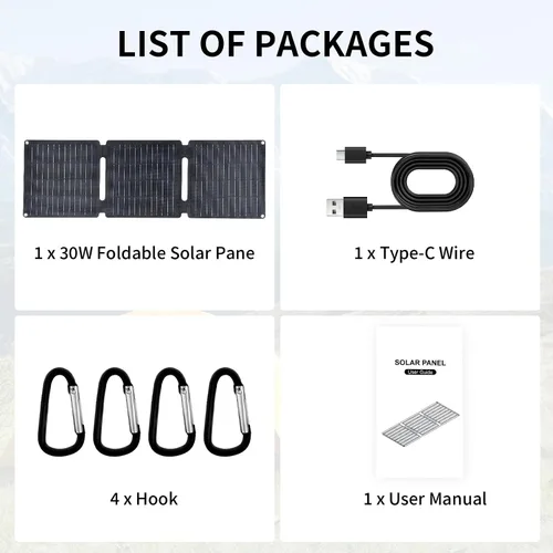 Miniatura 8 de Panel Solar Portátil de 30W, Cargador de Paneles Solares Plegables para Camping, Senderismo, Actividades al Aire Libre, Kit de Panel Solar