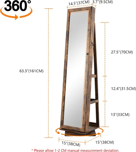 Miniatura 2 de OUTDOOR DOIT Armario de joyería giratorio de 360 de 66 pulgadas con cerradura, espejo de longitud completa, gran capacidad, organizador de joyas