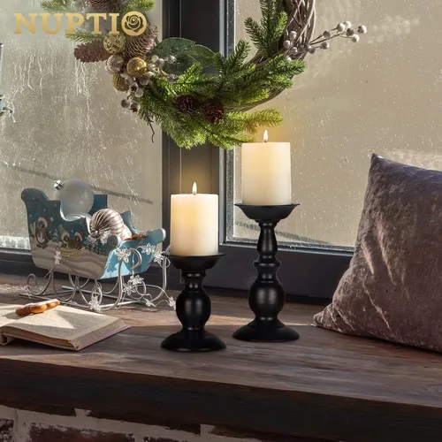 Miniatura 5 de Nuptio Portavelas negro para velas de pilar - Juego de 2 portavelas rústicos Soporte de velas de metal alto Portavelas de pilar retro de otoño
