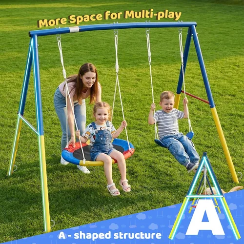 Miniatura 4 de DECORLIFE Juegos de columpios para patio trasero, 700 libras de metal resistente con marco en A para exteriores con columpio de platillo de 32