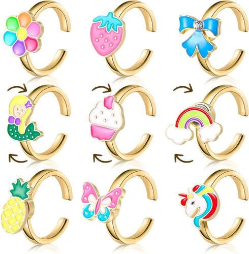 Miniatura 7 de Juego de 9 anillos giratorios giratorios para ansiedad, anillos giratorios para ansiedad, apilables, giratorios, calmantes, ajustables para mujeres