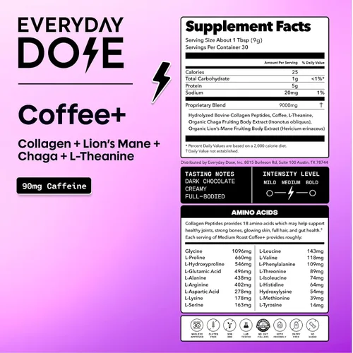 Miniatura 2 de Everyday Dose Bold - Café de hongos de tostado medio, 90 mg de cafeína por porción con colágeno de ganado alimentado con pasto, chaga, Melena