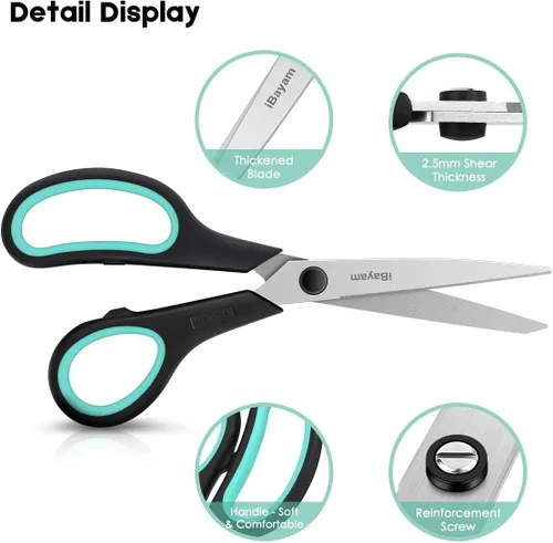 Miniatura 4 de Paquete de 3 tijeras resistentes de 8 pulgadas con cuchillas ultra afiladas y asas de agarre cómodo, para oficina, hogar, escuela, costura