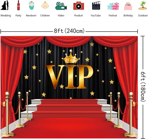 Miniatura 3 de INRUI Cortina VIP de alfombra roja para fotografía, telón de fondo brillante con estrellas brillantes, fondos de escenario rojo dorado para estudio