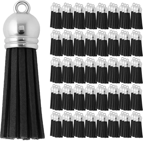 Miniatura 120 de Mandala Crafts 100 borlas de gamuza sintética color aguamarina con tapa dorada, suministros para hacer llaveros a granel, pequeñas borlas de cuero