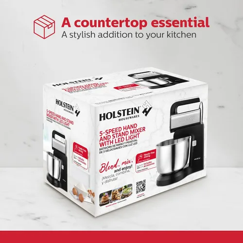 Miniatura 9 de Holstein Housewares - Batidora de mano y soporte de 5 velocidades, 250W de potencia con luz LED, en negro y acero inoxidable – Mezclador versátil
