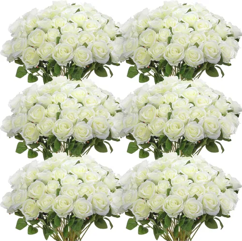 Miniatura 17 de Jexine 50 piezas de flores de rosa artificiales a granel realistas de seda falsa con tallo largo, ramo de flores artificiales de plástico de aspecto