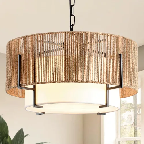 Miniatura 12 de Lámpara Colgante de Ratán, Candelabro Boho de 12.6" con Pantalla de Tela, Lámpara Colgante Estilo Granja Candelabro para Comedor, Sala de Estar