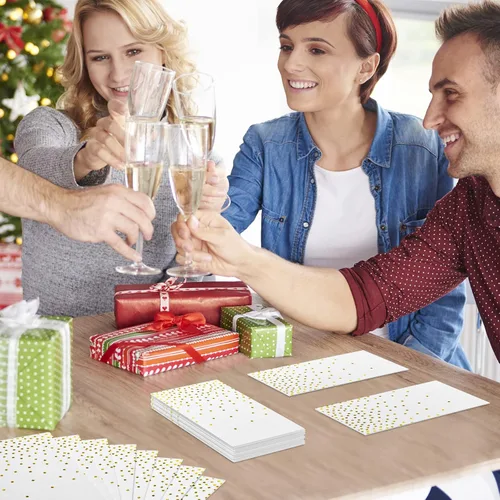 Miniatura 7 de DYLIVeS Paquete de 100 mini servilletas de papel de aluminio blanco y dorado con confeti de lunares, toallas de mano desechables de Navidad