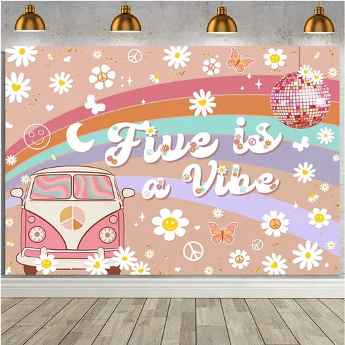Miniatura 2 de Five is a Vibe Girl - Fondo de fotografía para fiesta de cumpleaños de 5 años, diseño de arco iris rosa, flores blancas pequeñas, telón de fondo