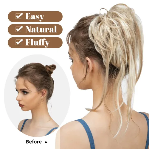 Miniatura 2 de CJL HAIR Extensiones de cabello rizado con cola de caballo, cabello sintético con coleta recta, coleteros para mujer, rubio ceniza/rubio playa