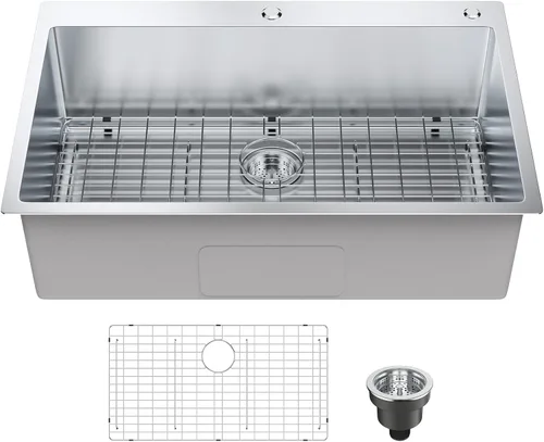 VEVOR Estación de trabajo de cocina de 33 pulgadas, montaje superior de acero inoxidable 304, estilo granja con un solo tazón integrado con Plateado