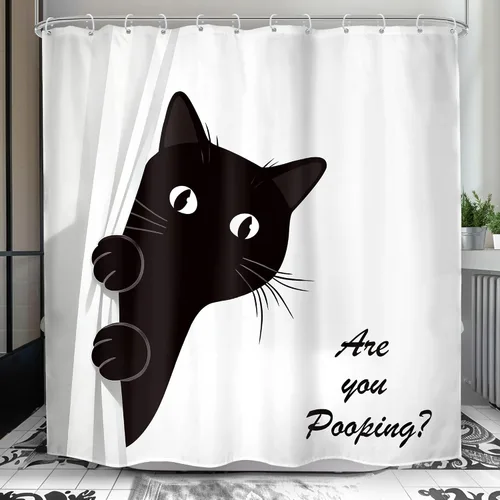 Miniatura 13 de Divertida cortina de ducha de gato negro de 60 pulgadas de ancho x 72 pulgadas de alto para niños, diseño de gatito blanco y negro, lindo animal are
