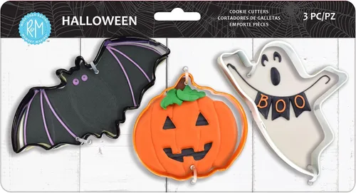 R&M Cortador de galletas de Halloween de 3 piezas. Incluye murciélago, calabaza, fantasma, negro, naranja, revestimiento de poliresina blanca