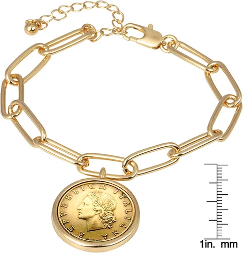 Miniatura 4 de Pulsera italiana de eslabones alargados con moneda de 20 liras, estilo clip dorado, extensor de 7 pulgadas y 3 pulgadas con cierre de langosta
