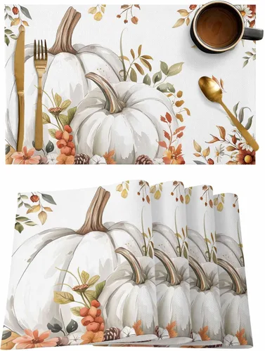 Miniatura 67 de Juego de 4 manteles individuales Boho de otoño, calabazas de acuarela para Acción de Gracias, resistentes al calor, lavables, para mesa, manteles