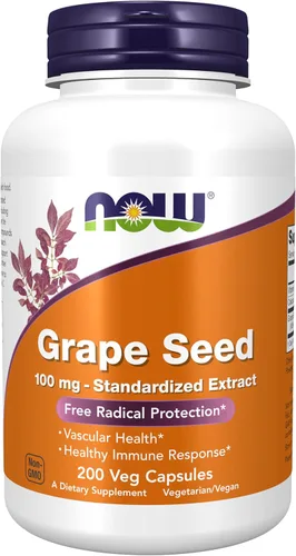 Miniatura 9 de NOW Suplementos, Semilla de Uva 100 mg - Extracto estandarizado, extracto altamente concentrado con un mínimo de 90% de polifenoles, con vitamina C