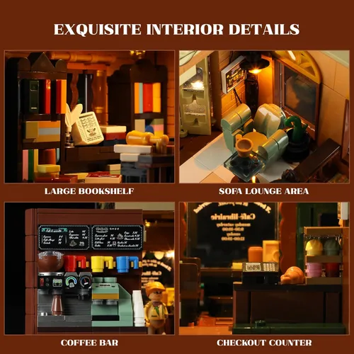 Miniatura 4 de Funwhole Set de Construcción de Café-Librería con Luces LED - Conjunto de Ladrillos de Construcción Modular de Modelo de Casa de Café de Ciudad