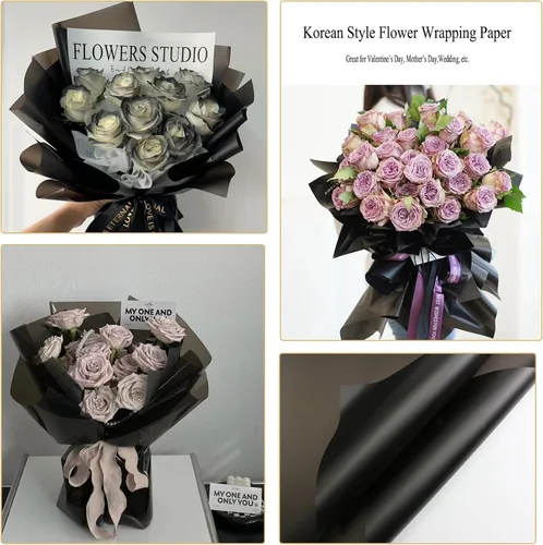 Miniatura 6 de Gloreyan 20 hojas de papel de regalo de flores negras, ramo de floristería para manualidades, ramo de flores frescas, envoltura impermeable, caja