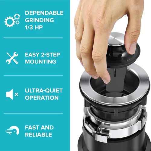 Miniatura 2 de KRAUS WasteGuard KWD100-33MBL - Triturador de basura ultra silencioso de 1/3 HP con conexión rápida, cubierta de drenaje para fregadero de cocina