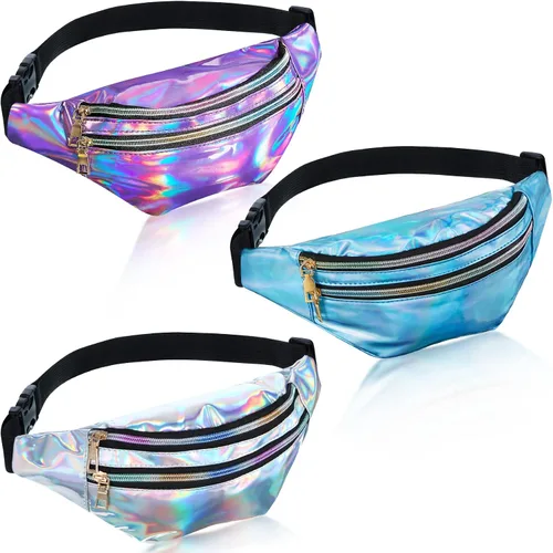 Riñonera holográfica de 3 piezas para mujeres, hombres y niños, cintura deportiva de color metálico con bolsas y cinturón ajustable, paquete de