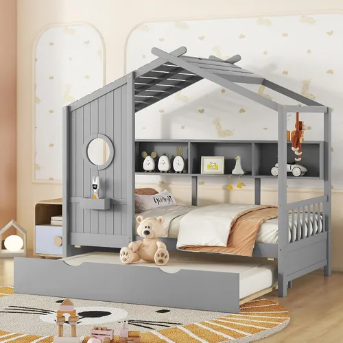Miniatura 8 de SOFTSEA Cama de plataforma de tamaño matrimonial con nido y estantes de almacenamiento, marco de cama de madera con listones de soporte, cama