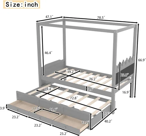 Miniatura 2 de Bellemave Base de cama con dosel de tamaño individual con cabecera tapizada princesa, nido doble extraíble y 3 cajones de almacenamiento, cama